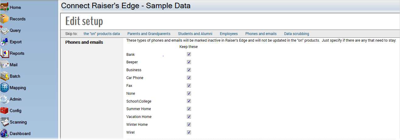 On the Edit Setup screen, choose which phone and email records to keep by selecting Keep These